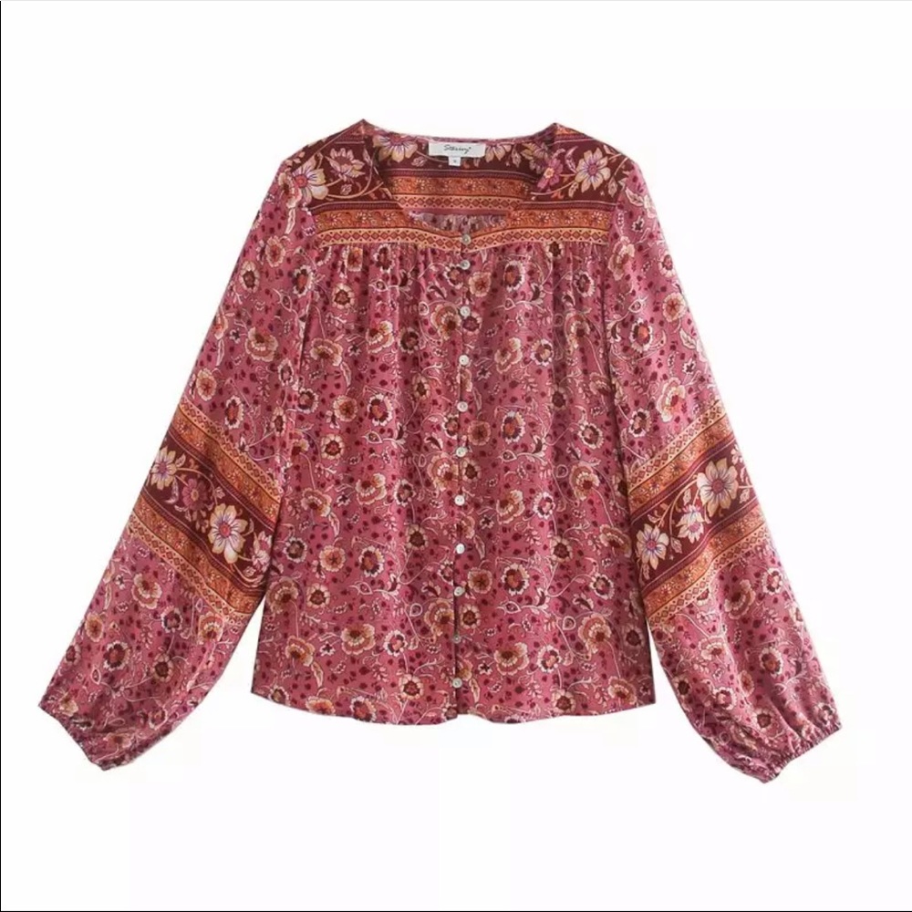 Gypsy Boho Floral Print LongSleeve button up top - Picture 8 of 11